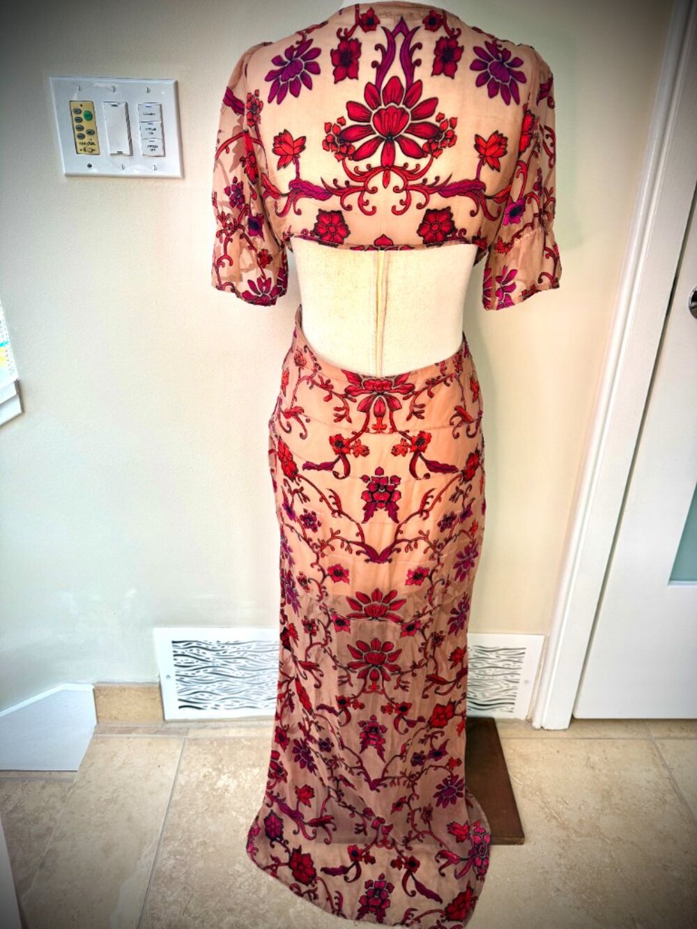 For Love & Lemons Sheer Mauve Chiffon Dress w/ Red & Pink Floral Print, Maxi, S - Picture 13 of 16
